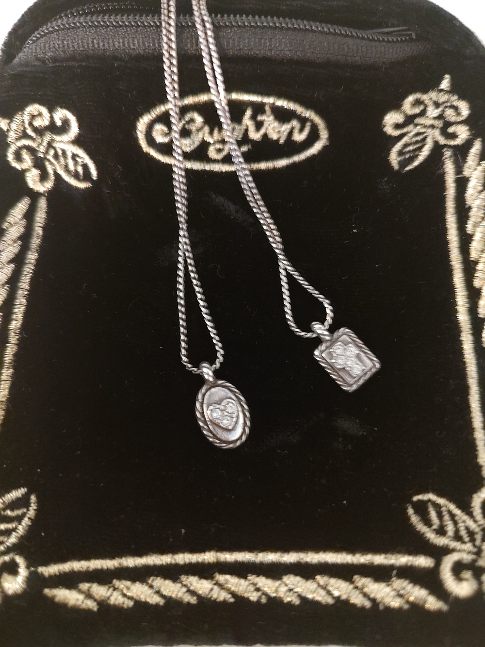 Brighton rhinestone cross heart double strand silvertone necklace w/pouch EUC - Picture 2 of 7